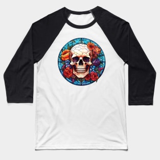 Stained Glass Floral Skull #1 Baseball T-Shirt